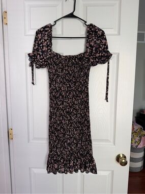 Pinkblush Maternity Smocked Floral Square-Neck Dress - Black with Pink Floral